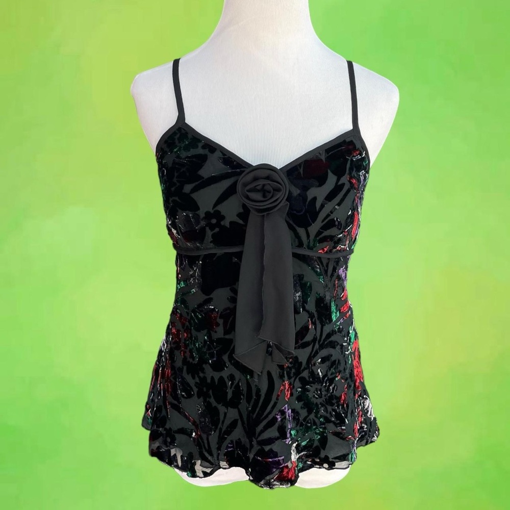 Italian Vintage Whimsygoth Black red and green floral velvet tank top
